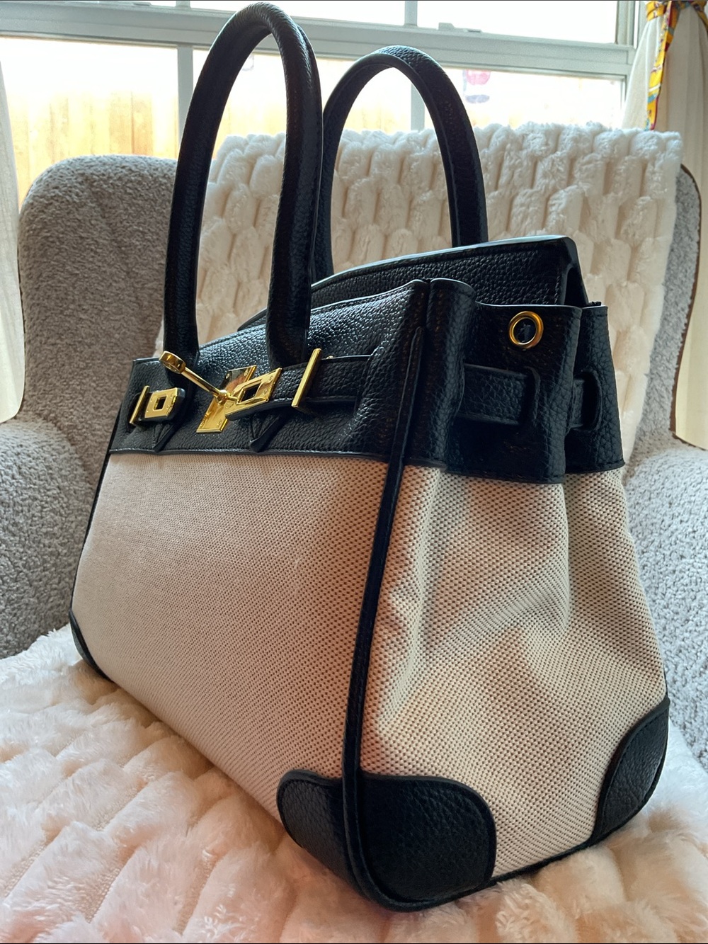 Canvas and Black Leather Top-Handle Satchel with Gold Hardware - Picture 7 of 9
